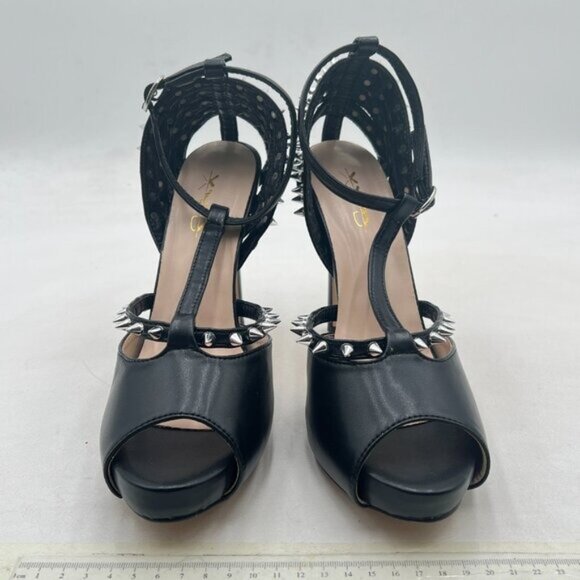 XYD Black Sexy Platform High Heel Spikes Studded Peep Toe T-strap Sandals - Picture 3 of 8
